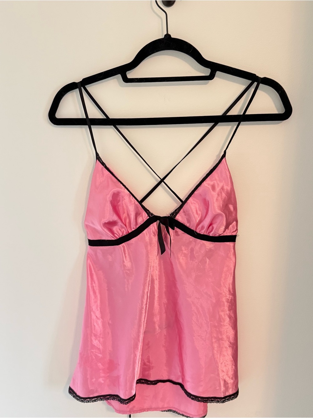 La Vie En Rose Pink Satin Camisole Tank Black Lace Trim Strappy Slip Top Size S